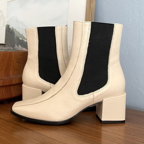 ANGEL ALARCON Made In Spain Leather Block Heel Chelsea Boots Cream - Picture 2 of 11